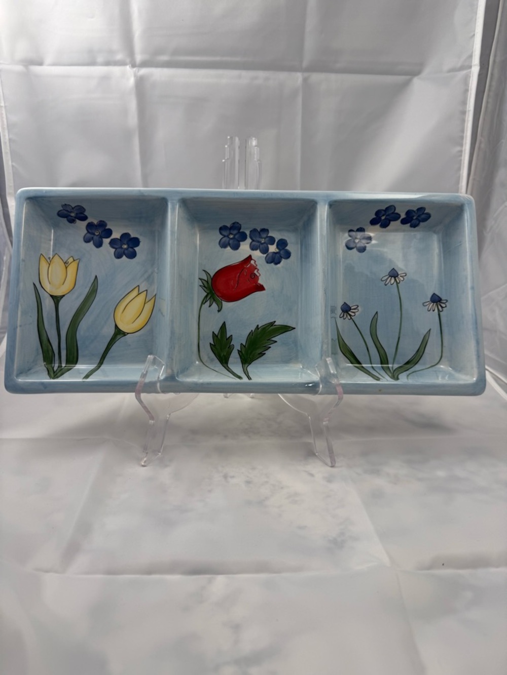 Light Blue Hand-Painted Triple Compartment Serving Tray with Floral Motif